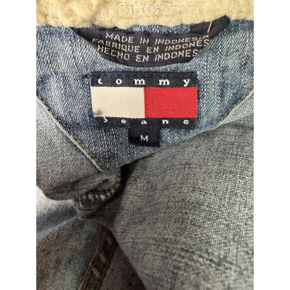 Y2K Tommy Jeans Womens Sherpa Denim Jacket Peace Sign Trucker Vtg Grunge Medium - Picture 9 of 11